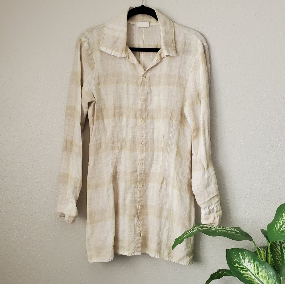 CP Shades Shirt Linen Creme Striped Button Down Tunic Top XS Minimalist Boho